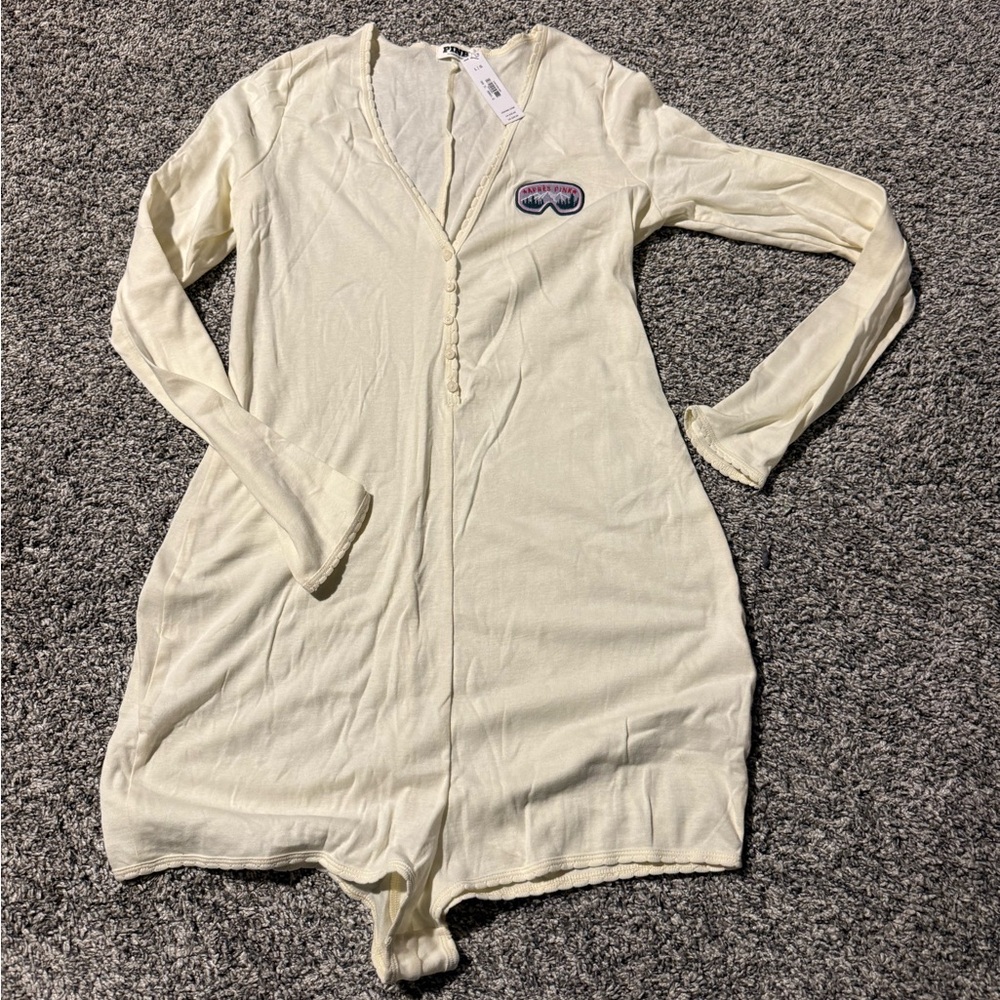 PINK Victoria's Secret Cream Long-Sleeve Henley Romper